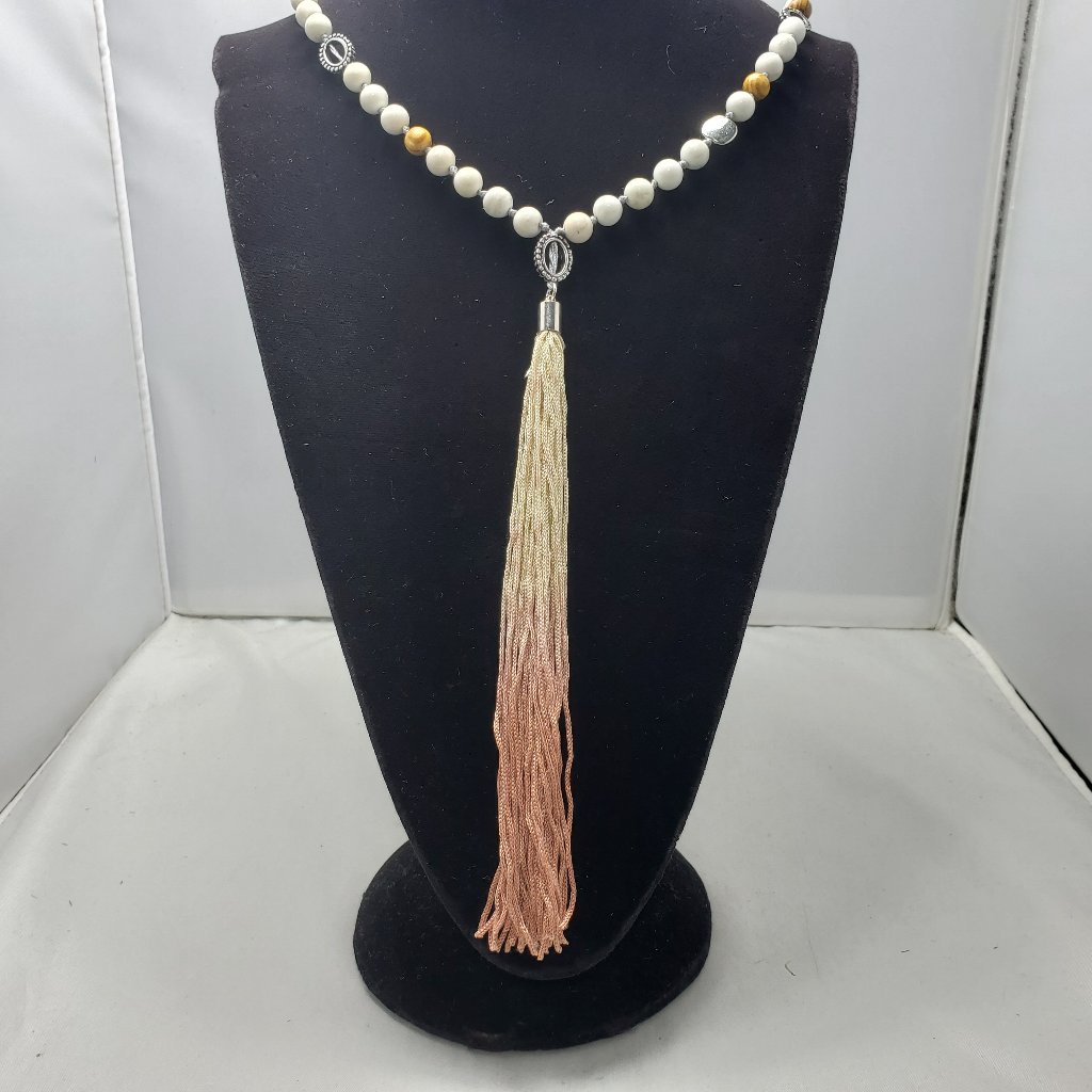 Bke Beaded Necklace With Tassel, Silver Chain White-Off White And Brown Beads